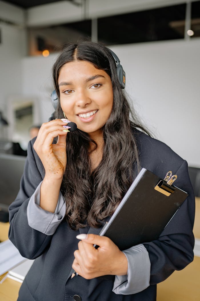 my-path Smiling young woman working in a call center wearing a headset and holding a clipboard.