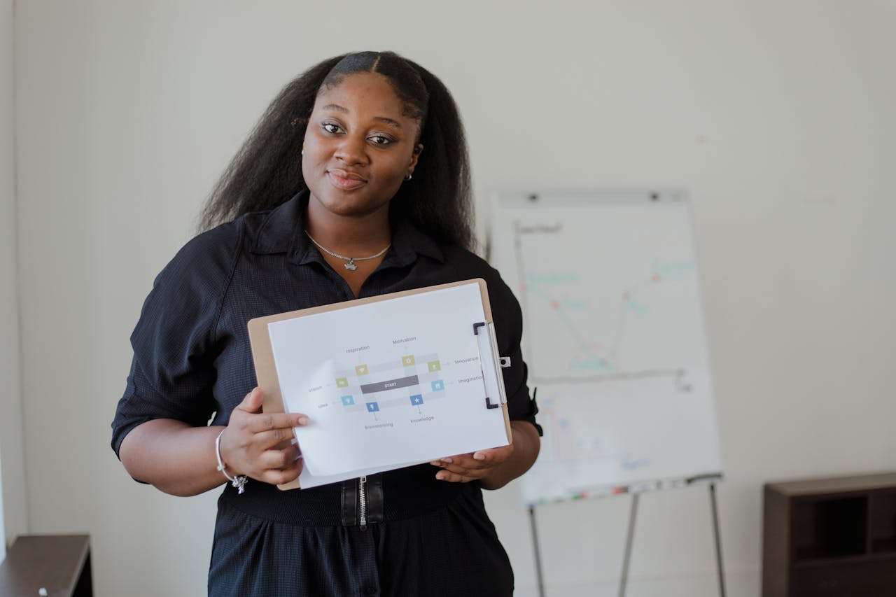 Confident woman giving a presentation with visual aids in a modern office environment.